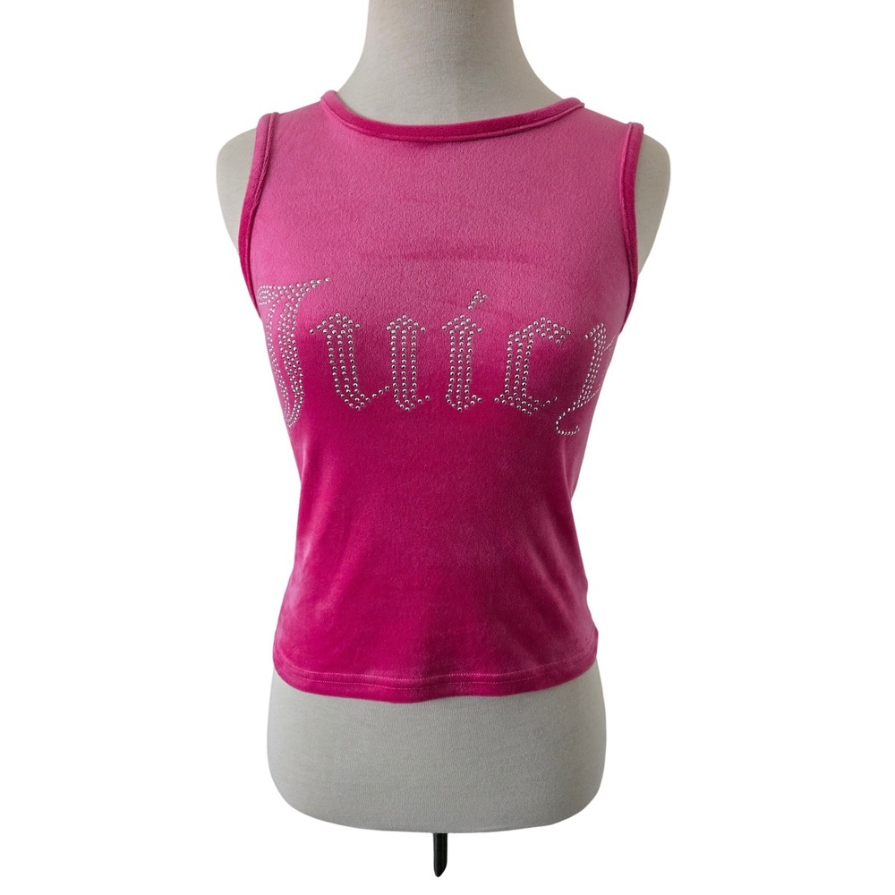 Juicy Couture Pink Velour Rhinestone Logo Tank Top Y2K Sleeveless Shirt Small